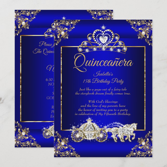 Princess Quinceanera Elite Royal Blue Guld Inbjudningar (Fram/baksida)