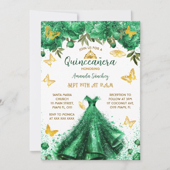 Princess Quinceanera Grönt Blommigt Inbjudningar (Framsida)