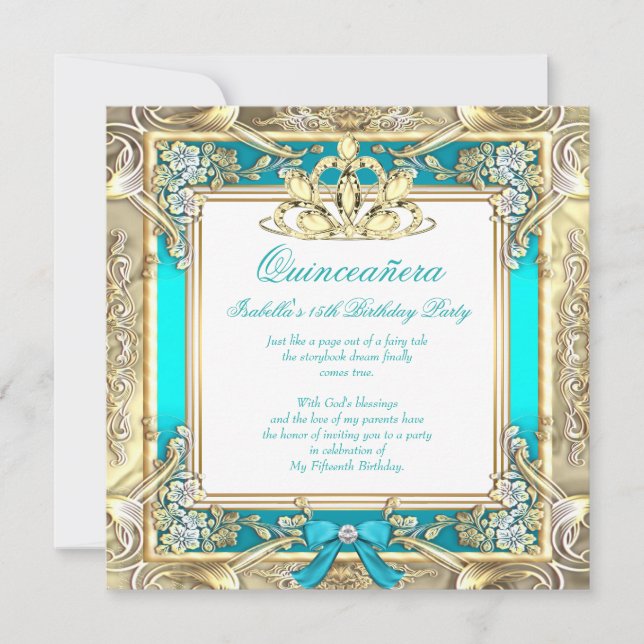 Princess Quinceanera Guld Hett Teal Silver White Inbjudningar (Framsida)