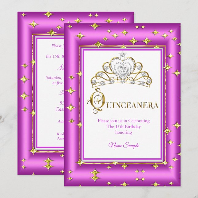 Princess Quinceanera Guld Lila Rosa Birthday Inbjudningar (Fram/baksida)