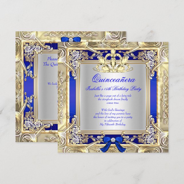 Princess Quinceanera Guld Royal Blue Silver 2 Inbjudningar (Fram/baksida)