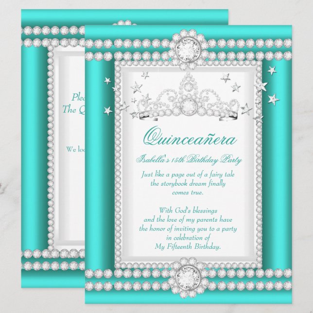 Princess Quinceanera Jade Teal Diamond Tiara Inbjudningar (Fram/baksida)
