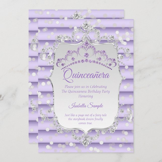 Princess Quinceanera lila lilac diamant silver Inbjudningar (Fram/baksida)