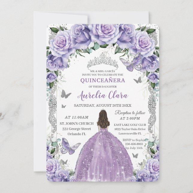 Princess Quinceañera Lila Ro Blommigt Silver Inbjudningar (Framsida)