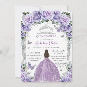 Princess Quinceañera Lila Ro Blommigt Silver Inbjudningar
