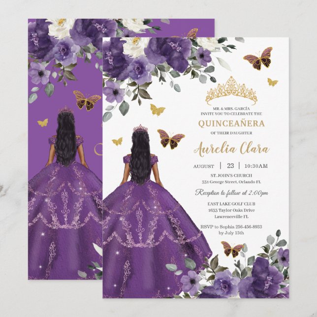 Princess Quinceañera Lila Ro Dress Guld Inbjudningar (Fram/baksida)