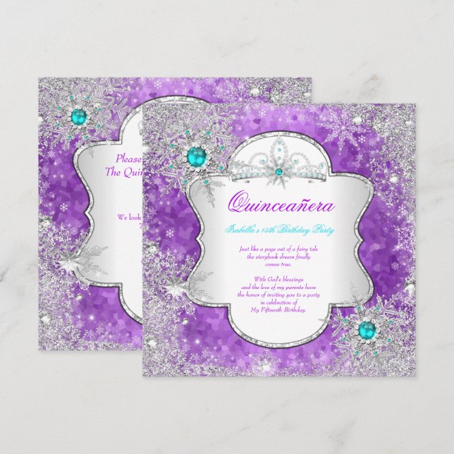 Princess Quinceanera Lila Teal Winter Wonderland Inbjudningar (Fram/baksida)