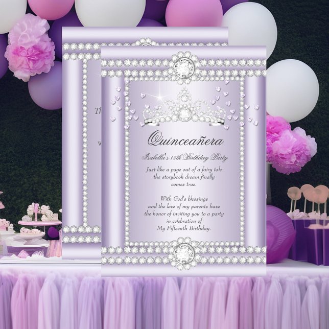 Princess Quinceanera Lilac Hearts Diamond Tiara Inbjudningar (Skapare uppladdad)