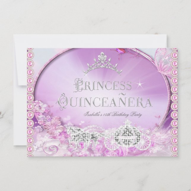 Princess Quinceanera Magic Rosa Lila Silver 3 Inbjudningar (Framsida)