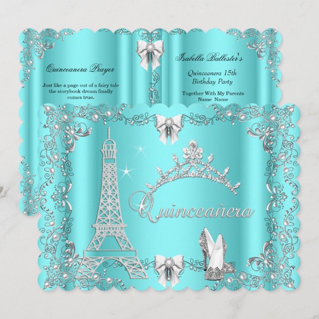 Princess Quinceanera Magic Teal Blue Silver heel Inbjudningar (Fram/baksida)