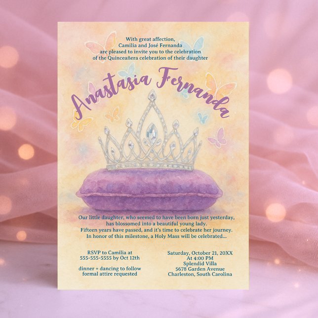 Princess Quinceañera Pastel Watercolor Krona Inbjudningar (Princess Quinceañera Pastel Watercolor Crown Invitation)