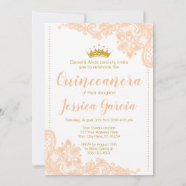 Princess Quinceañera Peach Snöre och Glitter Guld Inbjudningar