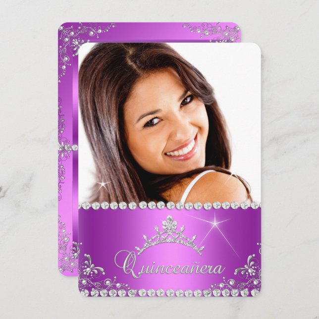 Princess Quinceanera Photo Lila Rosa Inbjudningar (Fram/baksida)