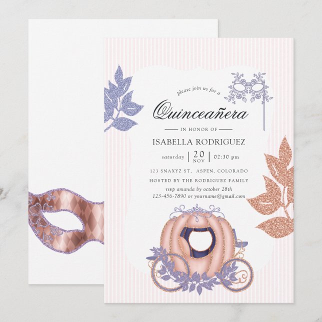 Princess Quinceañera ro Guld och Lilac Glitter Inbjudningar (Fram/baksida)