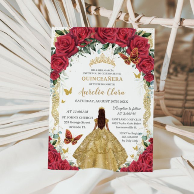 Princess Quinceañera Röd ros Blommigt Guld Dress Inbjudningar (Skapare uppladdad)