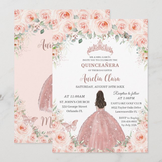 Princess Quinceañera  Rosa Blommigt Ro Guld Inbjudningar (Fram/baksida)