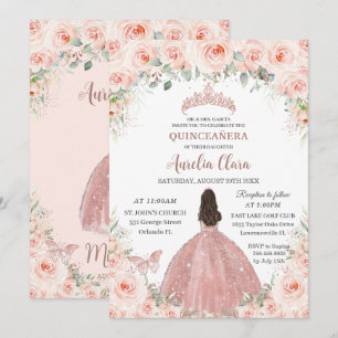 Princess Quinceañera Rosa Blommigt Ro Guld Inbjudningar