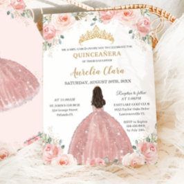 Princess Quinceañera  Rosa Blommigt Ro Guld Inbjudningar