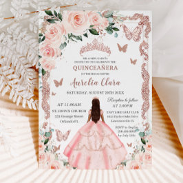 Princess Quinceañera  Rosa Blommigt Ro Guld Inbjudningar