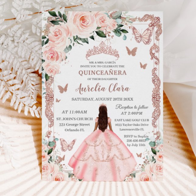 Princess Quinceañera  Rosa Blommigt Ro Guld Inbjudningar (Skapare uppladdad)