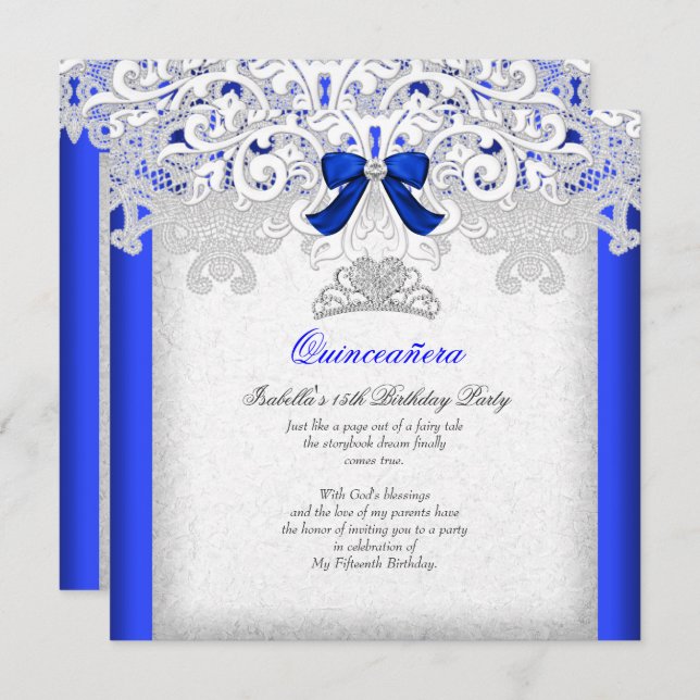 Princess Quinceanera Royal Blue 15 Birthday 2 Inbjudningar (Fram/baksida)