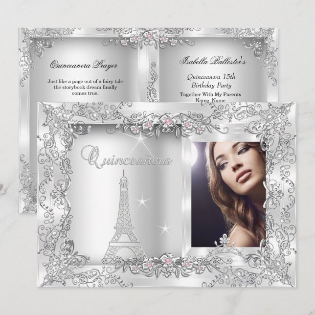 Princess Quinceanera Silver Photo Party Inbjudningar (Fram/baksida)