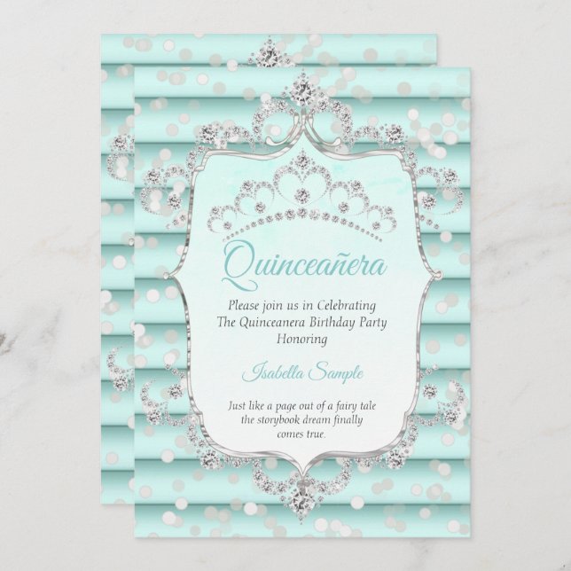 Princess Quinceanera soft teal blue diamant Inbjudningar (Fram/baksida)