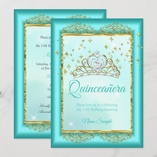 Princess Quinceañera Teal Blue Guld Birthday Inbjudningar (Fram/baksida)