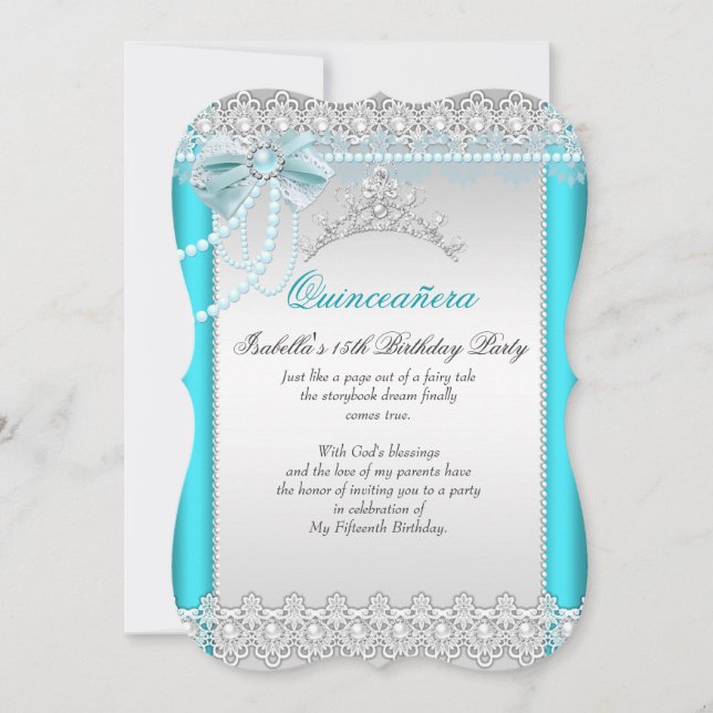 Princess Quinceanera Teal Blue Snöre Pearl Tiara Inbjudningar (Framsida)