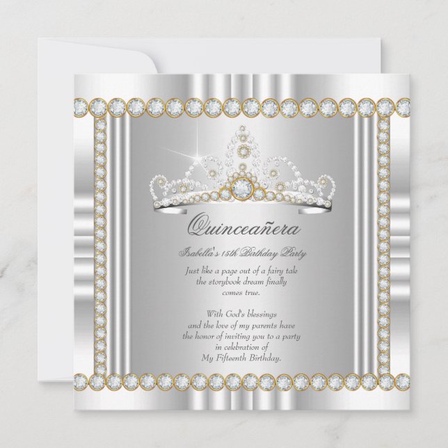 Princess Quinceanera Tiara Guld Silver White Inbjudningar (Framsida)