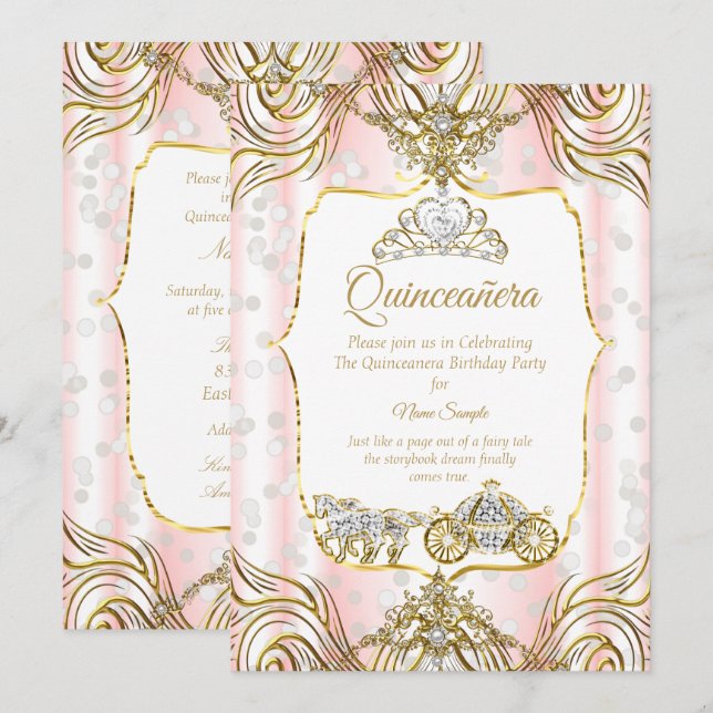 Princess Quinceanera-vagn guld rosa vit Inbjudningar (Fram/baksida)