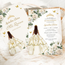 Princess Quinceañera White Ivory Ro Guld Dress Inbjudningar