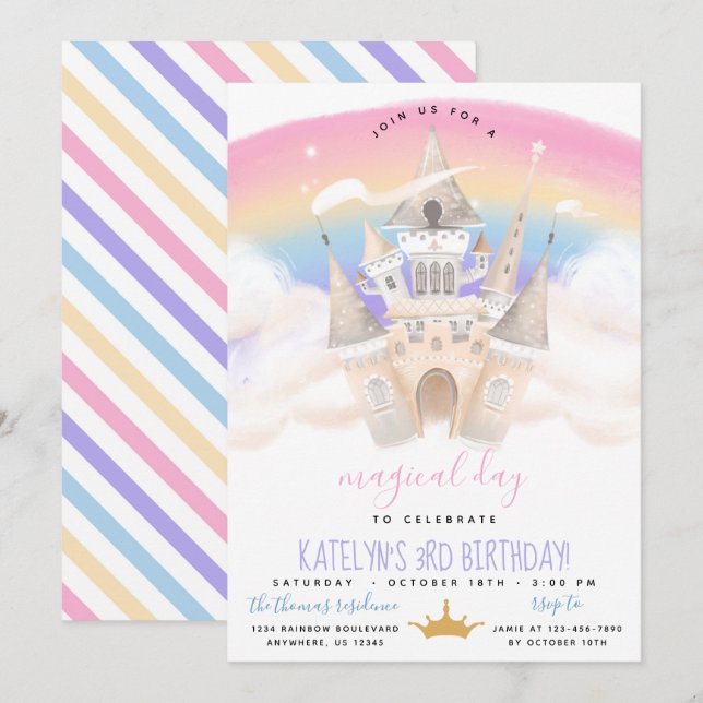 Princess Rainbow Birthday bjudande Inbjudningar (Fram/baksida)