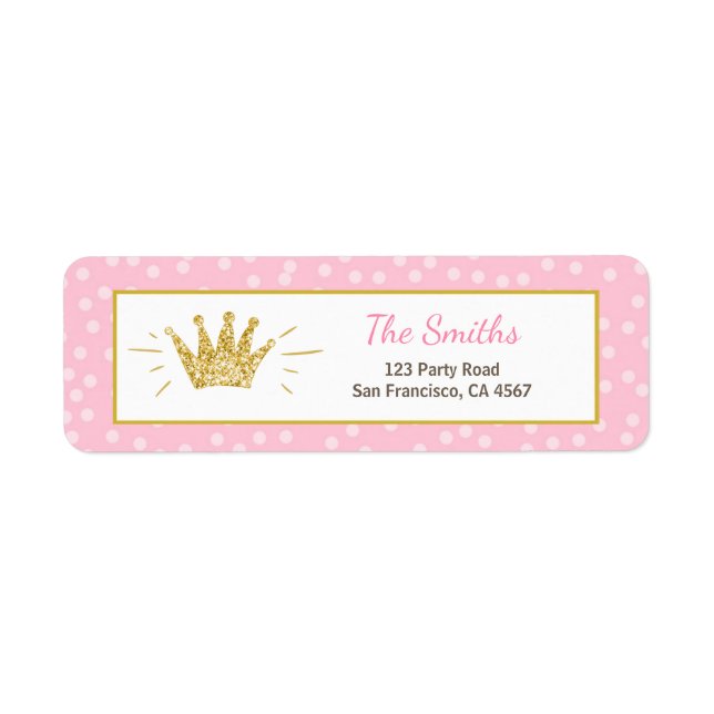 Princess Return Address Label Rosa Guld Krona Girl Returadress Etikett (Framsidan)
