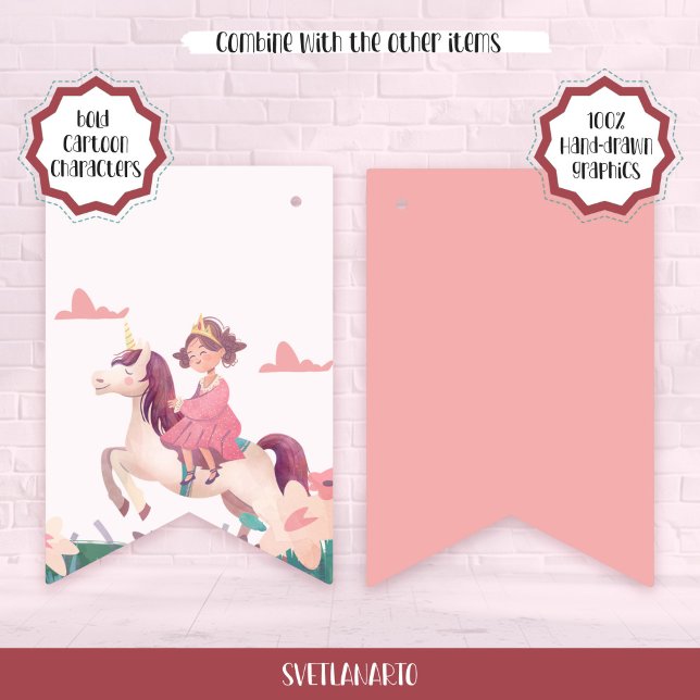 Princess Riding Unicorn Bunting Flags Vimplar (Pair view)