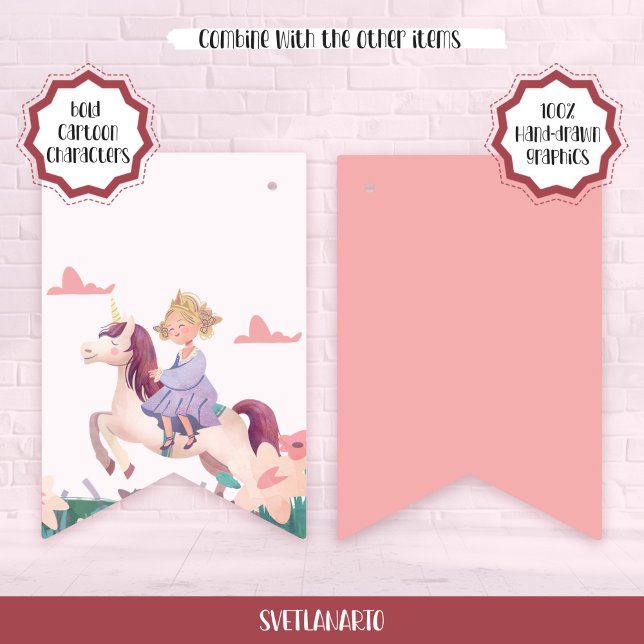 Princess Riding Unicorn Bunting Flags Vimplar (Pair view)