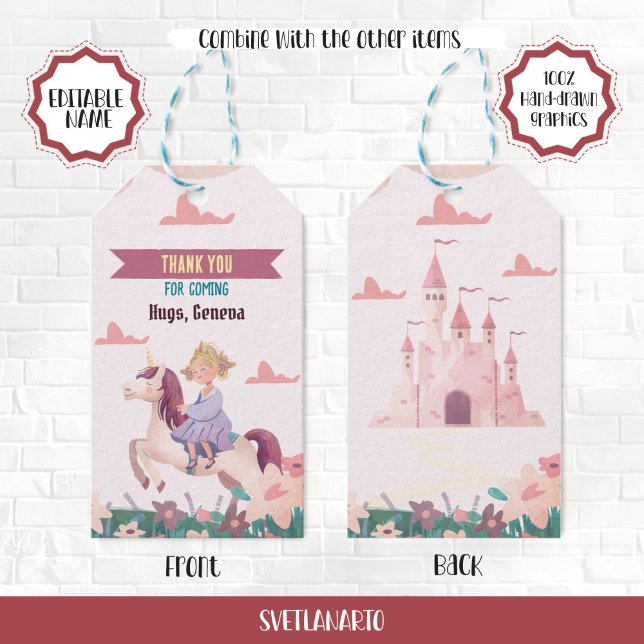 Princess Riding Unicorn Favor Gift Märkre Presentetikett (Skapare uppladdad)