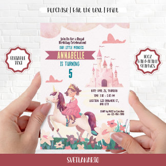 Princess Riding Unicorn Födelsedagsfest inbjudan