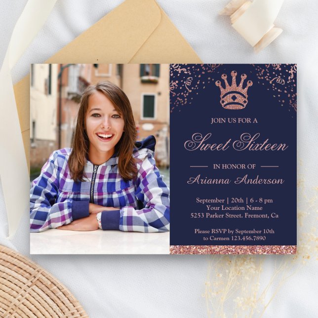 Princess Ro Guld Glitter Photo Sweet sixteen Inbjudningar (Skapare uppladdad)