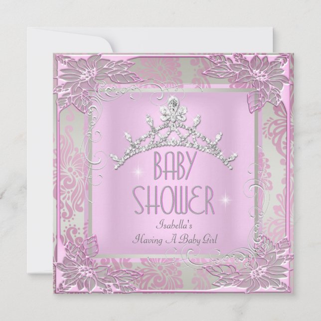 Princess Rosa Baby Shower Girl Baby Tiara Damask Inbjudningar (Framsida)