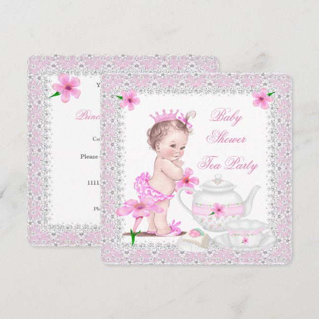 Princess Rosa Baby Shower Girl Tea Party Inbjudningar (Fram/baksida)