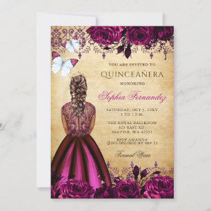 Princess Rosa Blommigt Butterflies Quinceañera Inbjudningar