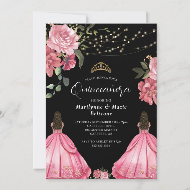 Princess Rosa Blommigt Twillingars Quinceañera Inbjudningar (Framsida)