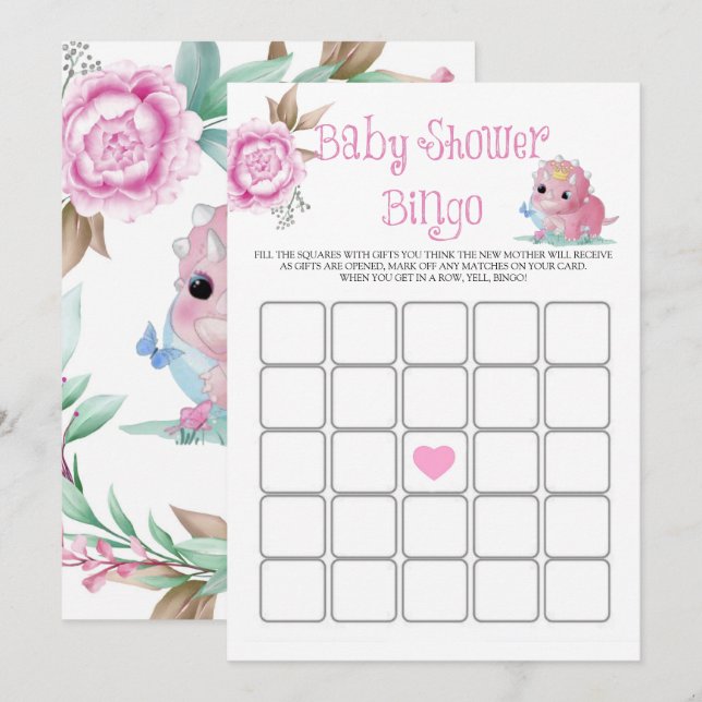 Princess Rosa Dinosaur Peony Baby Shower Bingo (Fram/baksida)
