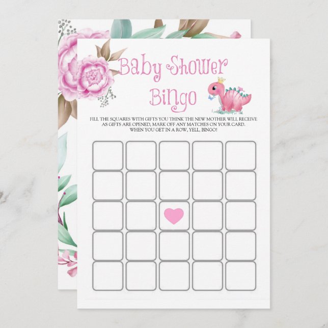Princess Rosa Dinosaur Peony Baby Shower Bingo (Fram/baksida)
