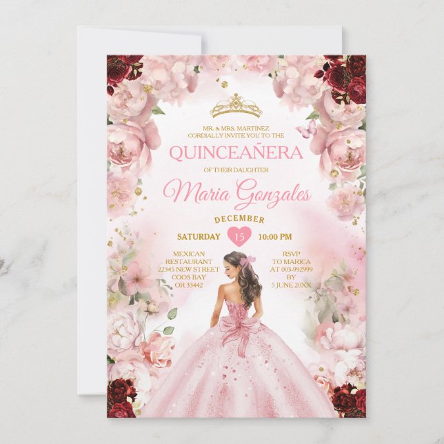 Princess Rosa Dress Burgundy Blommigt Quinceañera Inbjudningar (Framsida)