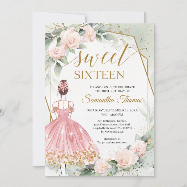 Princess rosa dress ro och eucalyptus guld inbjudningar (Framsida)