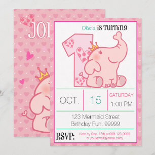 Princess Rosa Elephant 1st Birthday Party Anpassni Inbjudningar