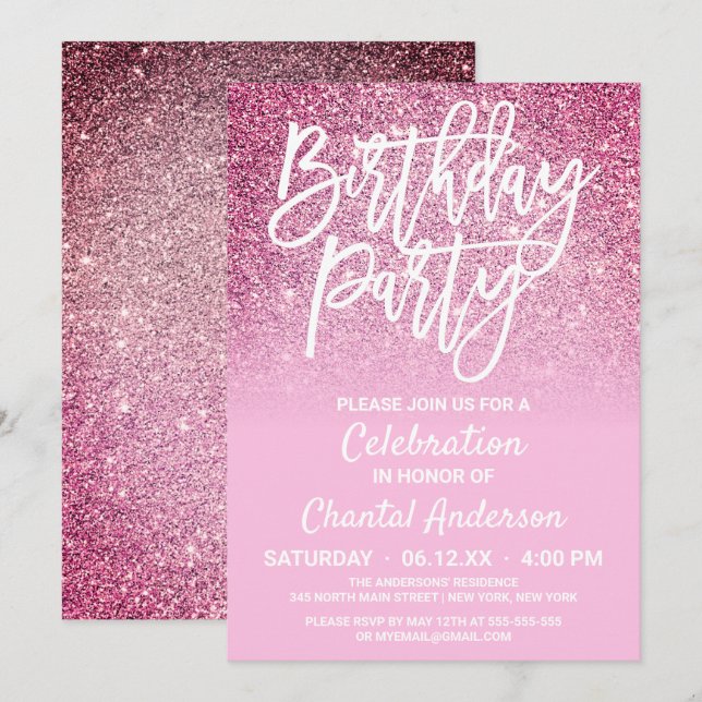 Princess Rosa Faux Glitter Ombre Birthday Inbjudningar (Fram/baksida)