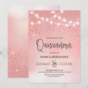 Princess Rosa Glitter Sparkles Ljus Quinceañera Inbjudningar